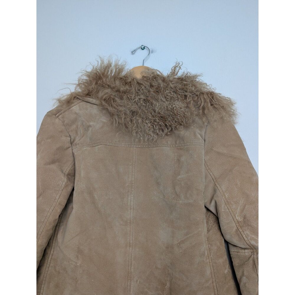 Vintage Real Leather Fur Trim Tan Penny Lane Longline Coat Jacket Sz S XOXO - Picture 10 of 16